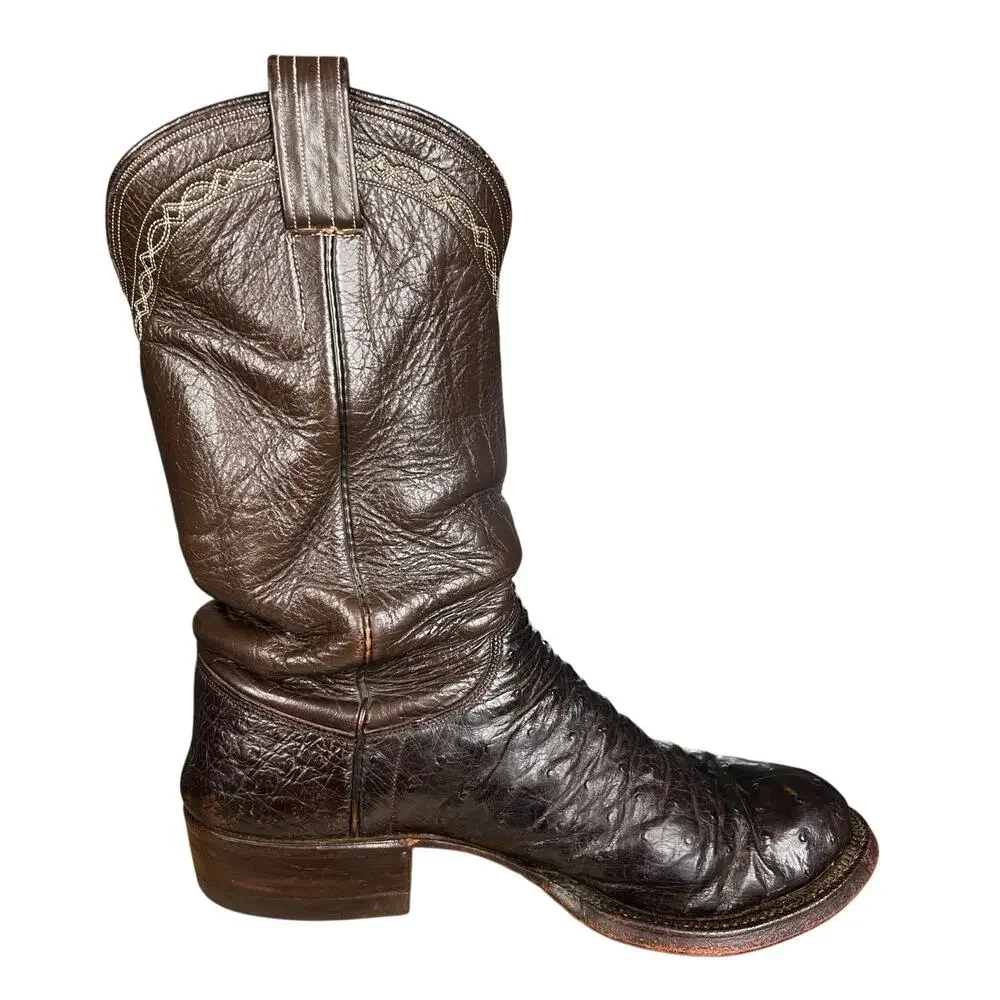 Vintage M.L. Leddy Men’s Full Quill Ostrich Brown Cowboy Boots Size 10 EE